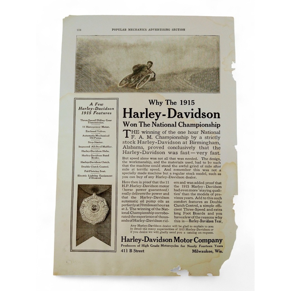 1915 Harley-Davidson Print Ad Motorcycle Racer Championship WWI Era Ephemera